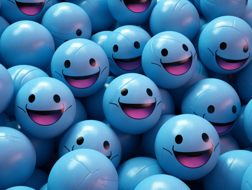 happy faces in the center of a group of blue balls, emotion, emo