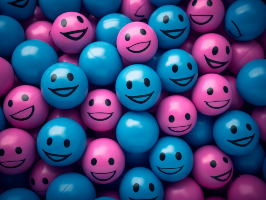 happy faces in the center of a group of blue balls, emotion, emo