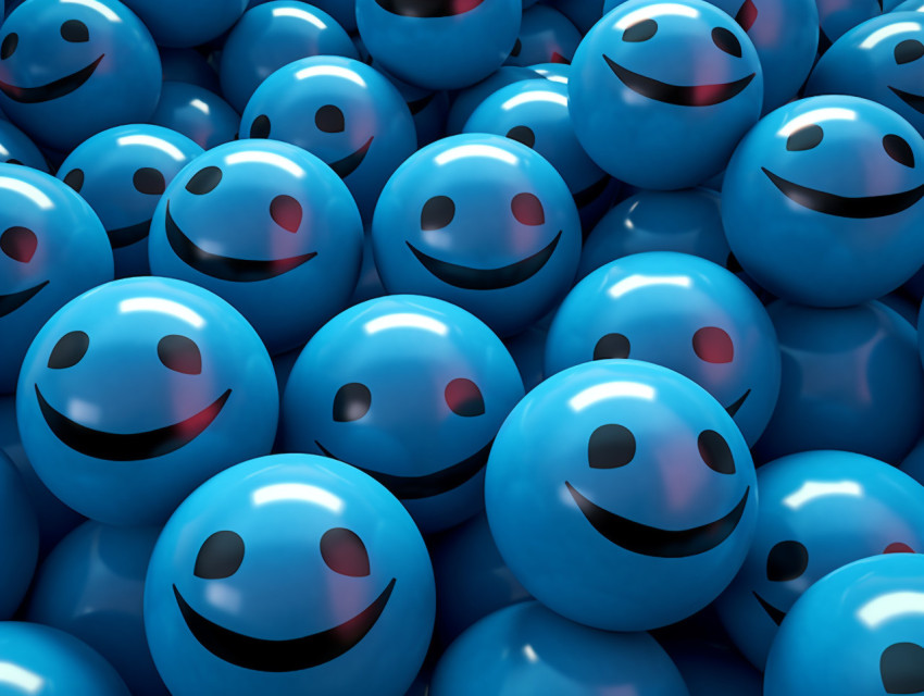 happy faces in the center of a group of blue balls, emotion, emo