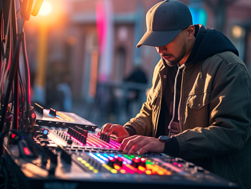 dj at the mixing board in an urban environment with colorful bac