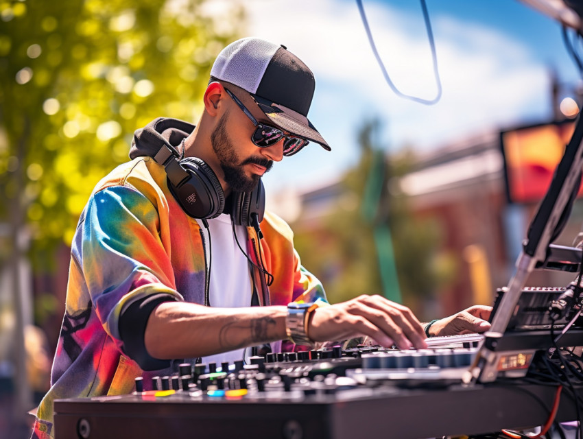 dj at the mixing board in an urban environment with colorful bac