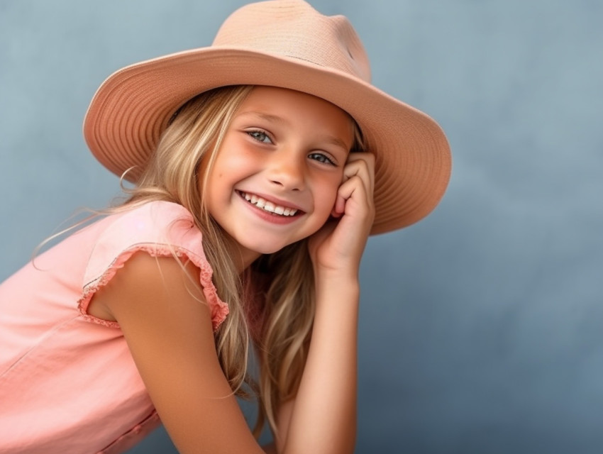 smiling pretty girl in summer hat and jeans posing, fashion desi