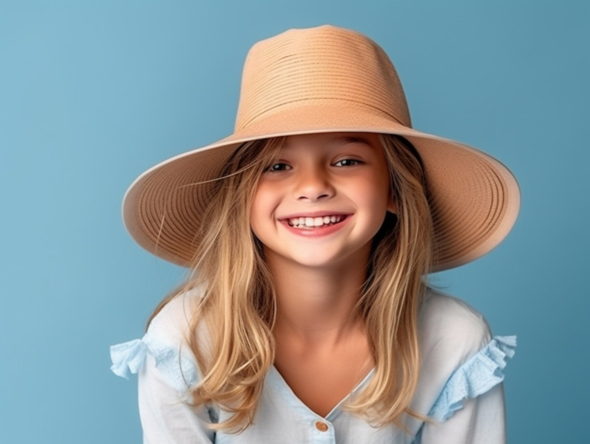 smiling pretty girl in summer hat and jeans posing, fashion desi