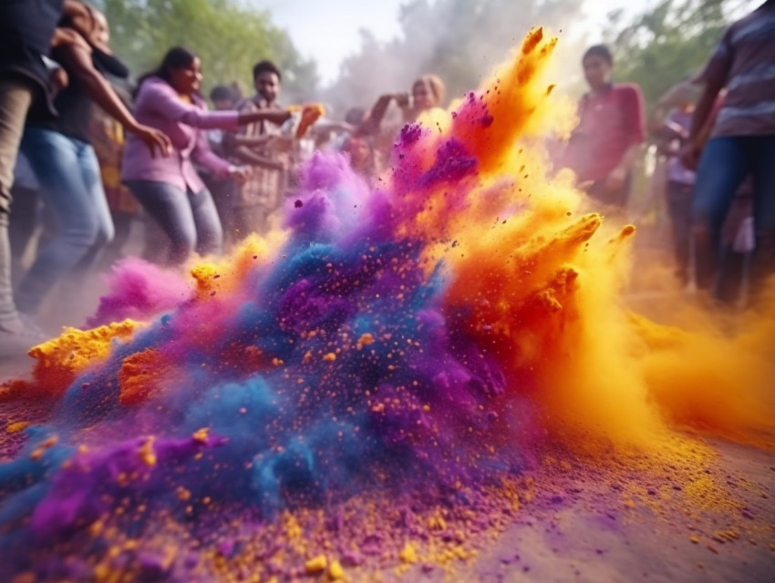 colorful holi powder flying among people on the ground, festival