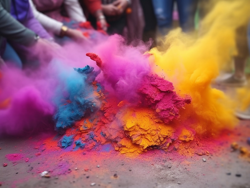 colorful holi powder flying among people on the ground, festival