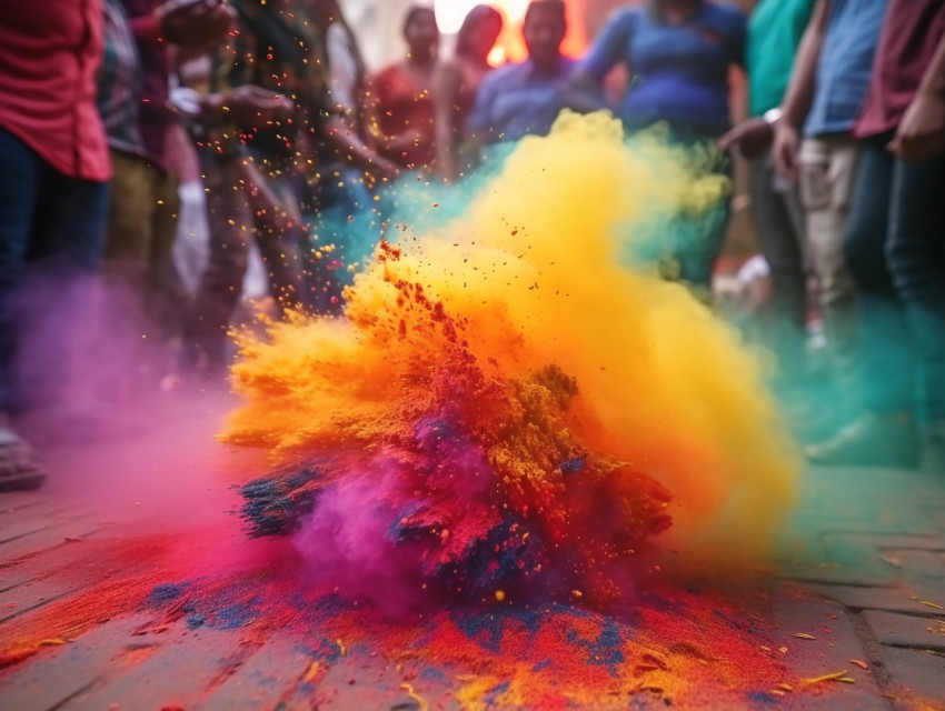 colorful holi powder flying among people on the ground, festival