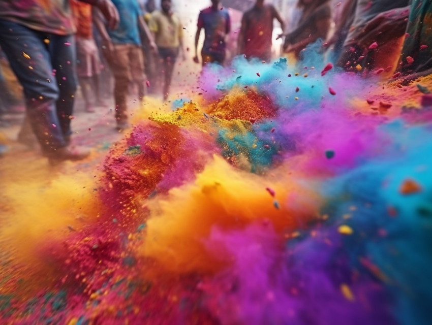 colorful holi powder flying among people on the ground, festival