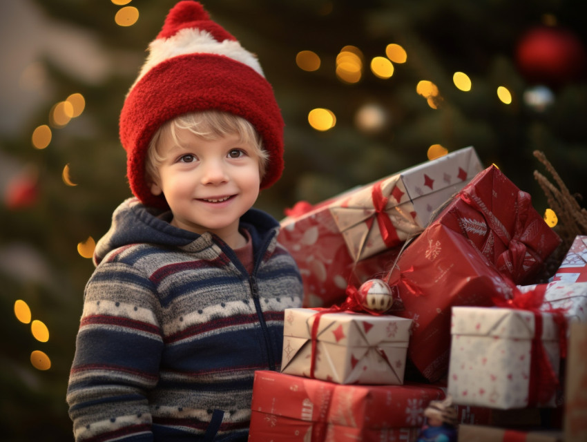 young child carrying christmas gifts around, festivals, cultural