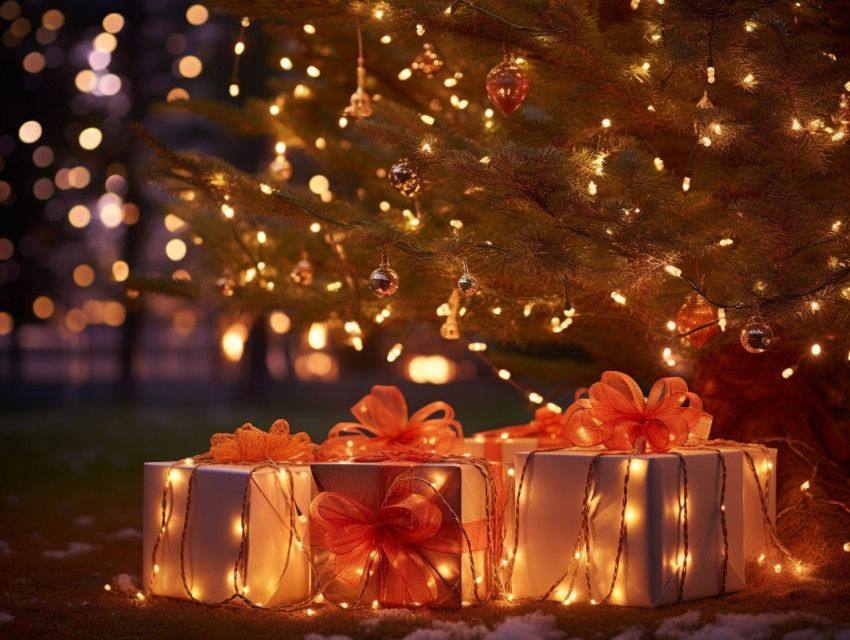 christmas presents next to the tree with lights on, festivals, c