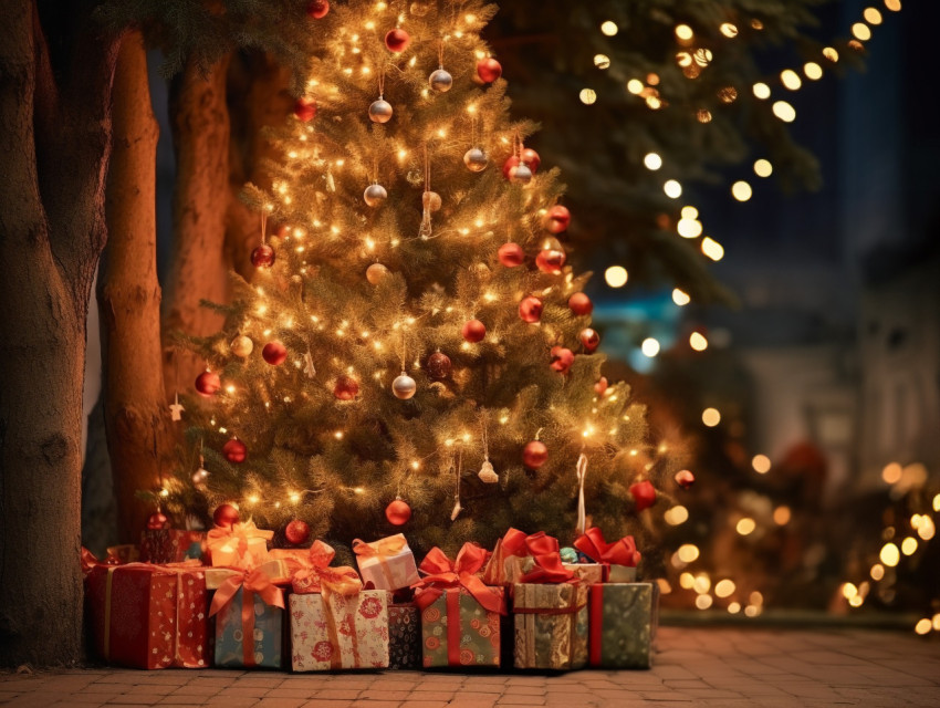 christmas presents next to the tree with lights on, festivals, c