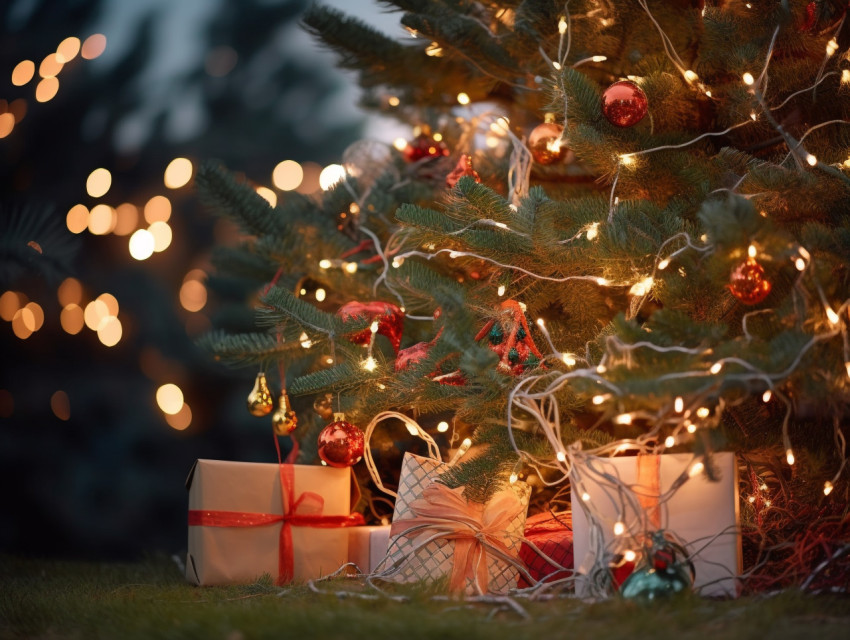 christmas presents next to the tree with lights on, festivals, c