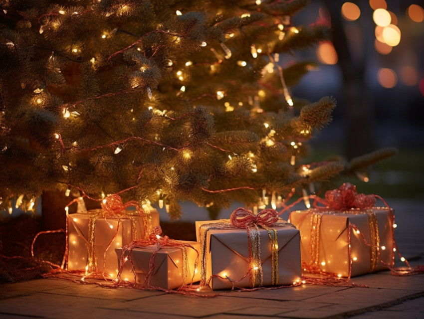 christmas presents next to the tree with lights on, festivals, c