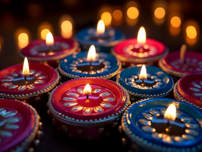 colorful diyas with lights in the middle, festivals, cultural fe