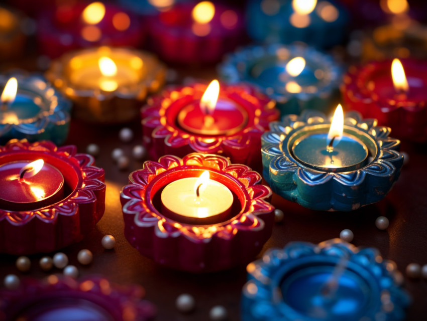 colorful diyas with lights in the middle, festivals, cultural fe