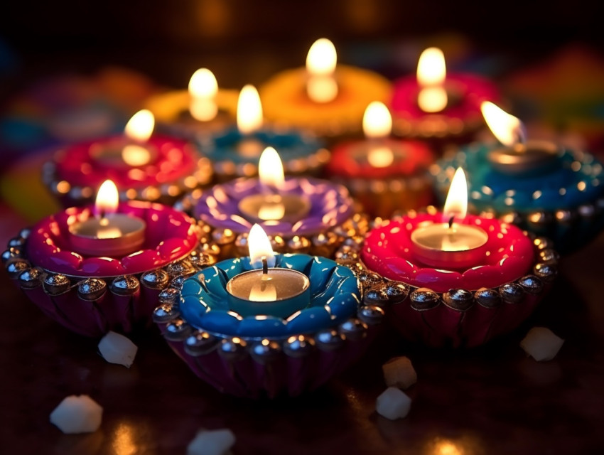 colorful diyas with lights in the middle, festivals, cultural fe