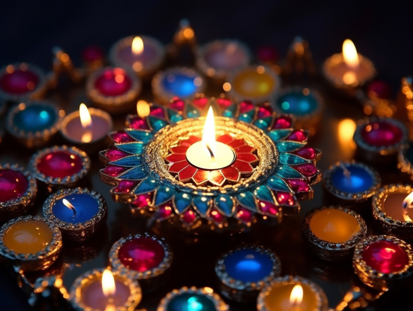 colorful diyas with lights in the middle, festivals, cultural fe