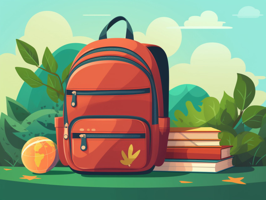 School items are set next to a backpack and books, Digital illustration, character illustration