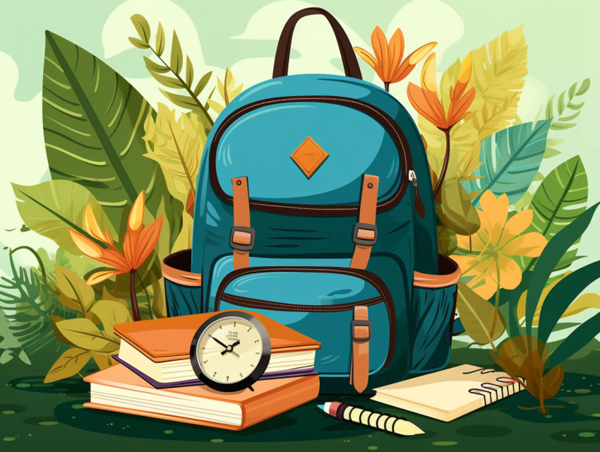 School items are set next to a backpack and books, Digital illustration, character illustration