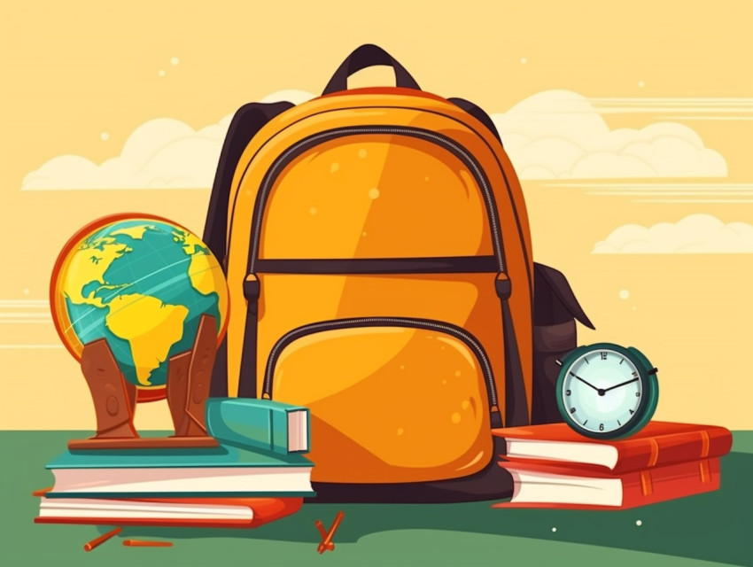 School items are set next to a backpack and books, Digital illustration, character illustration