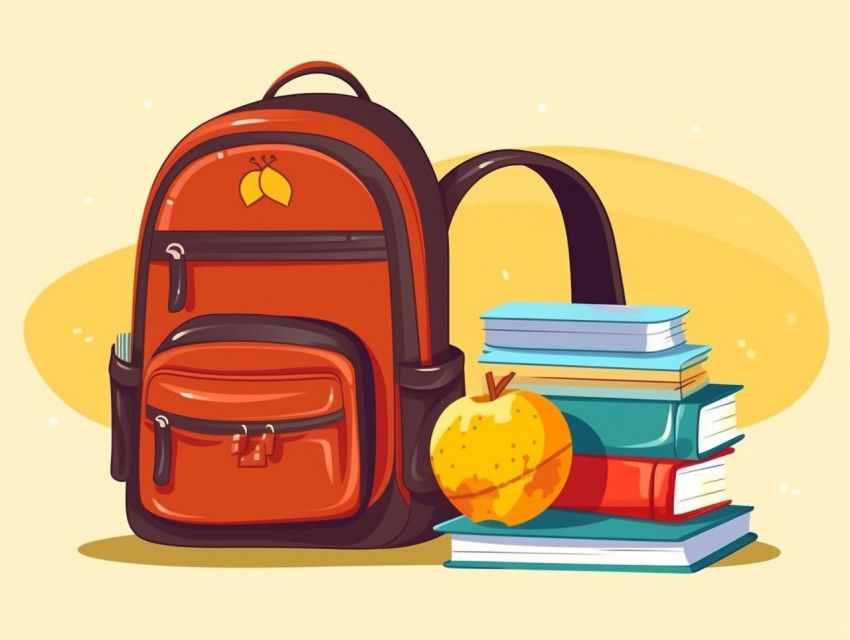 School items are set next to a backpack and books, Digital illustration, character illustration