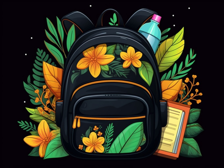 A backpack and school supplies are on a black background, Digital illustration, character illustration