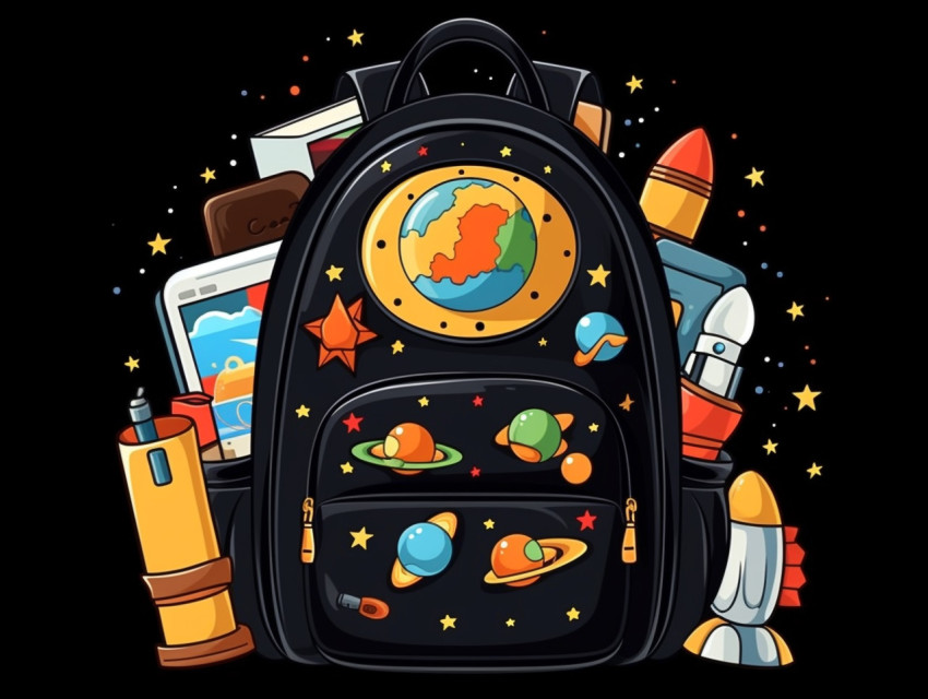 A backpack and school supplies are on a black background, Digital illustration, character illustration