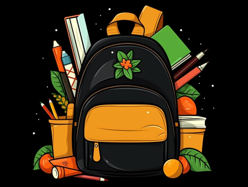 A backpack and school supplies are on a black background, Digital illustration, character illustration