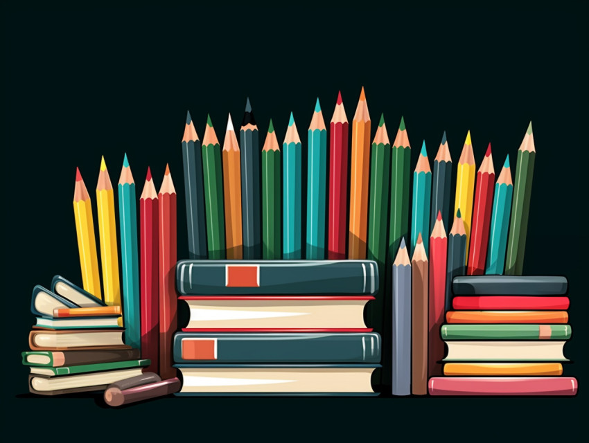 Books in front of a blackboard with pencils and chalk, Digital illustration, character illustration