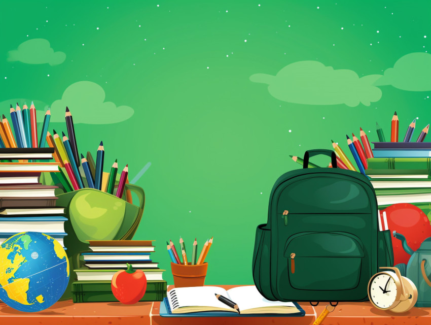 Many teaching devices books back to school supplies on green background with copy space, Digital illustration, character illustration