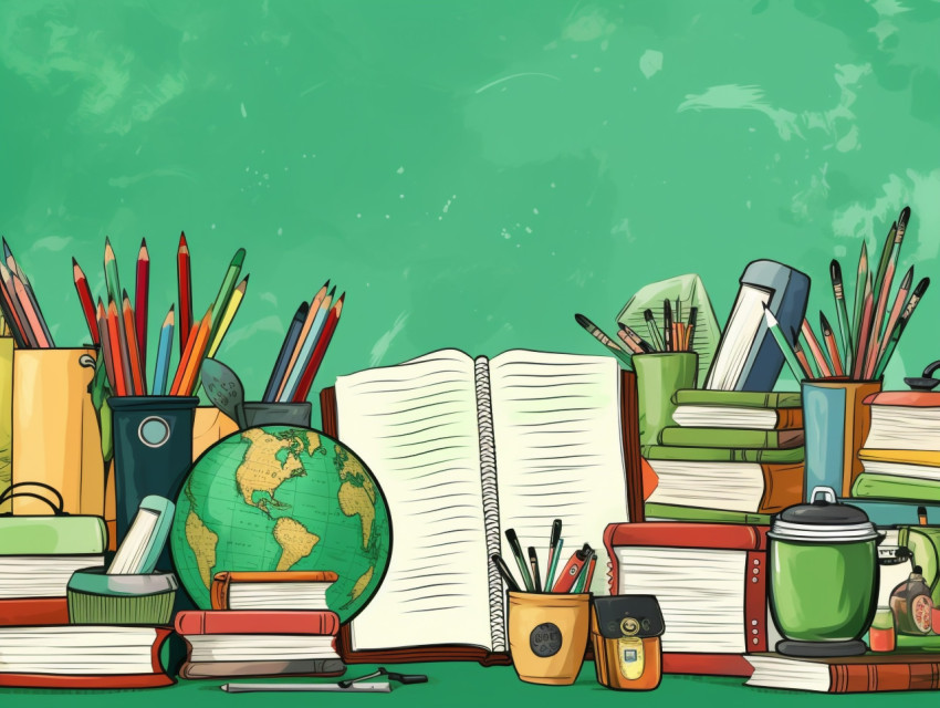 Many teaching devices books back to school supplies on green background with copy space, Digital illustration, character illustration