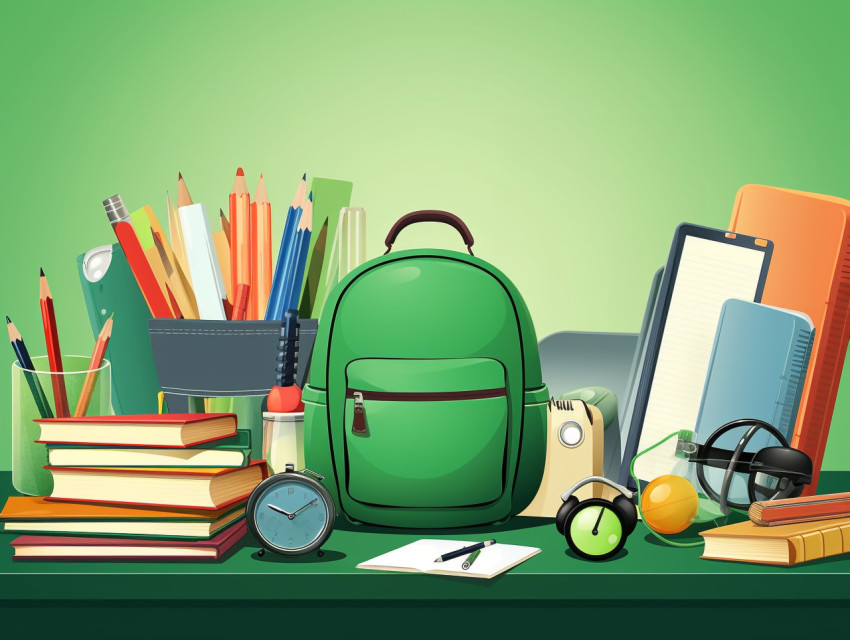 Many teaching devices books back to school supplies on green background with copy space, Digital illustration, character illustration