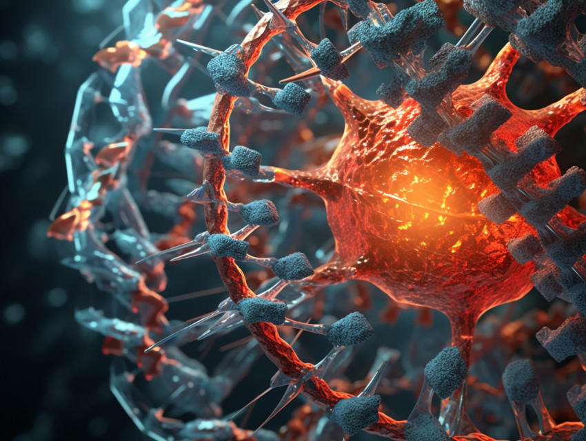 Photo 3d virus cells attacking a dna strand, Health and Medical stock image