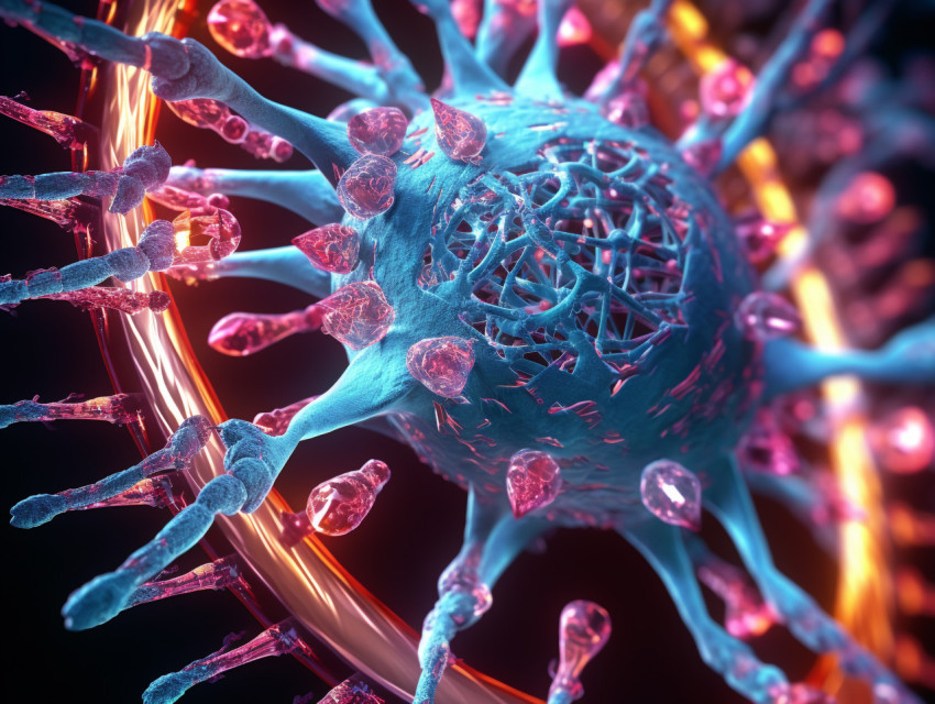 Photo 3d virus cells attacking a dna strand, Health and Medical stock image