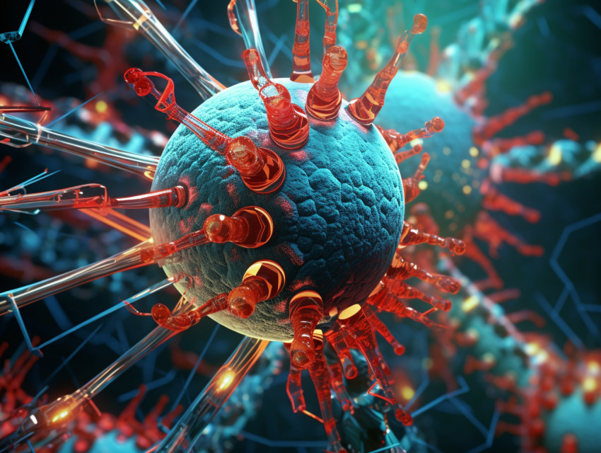 Photo 3d virus cells attacking a dna strand, Health and Medical stock image