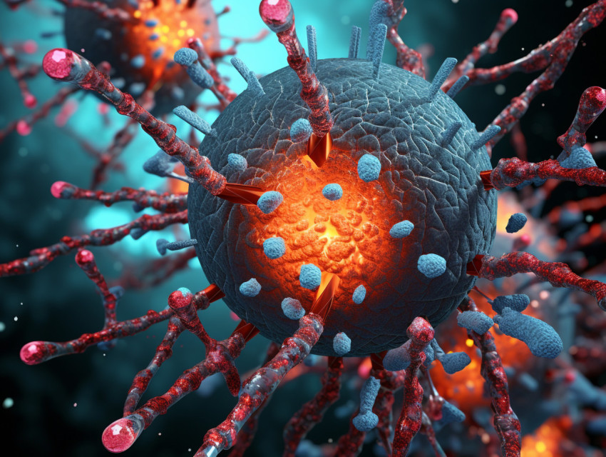 Photo 3d virus cells attacking a dna strand, Health and Medical stock image