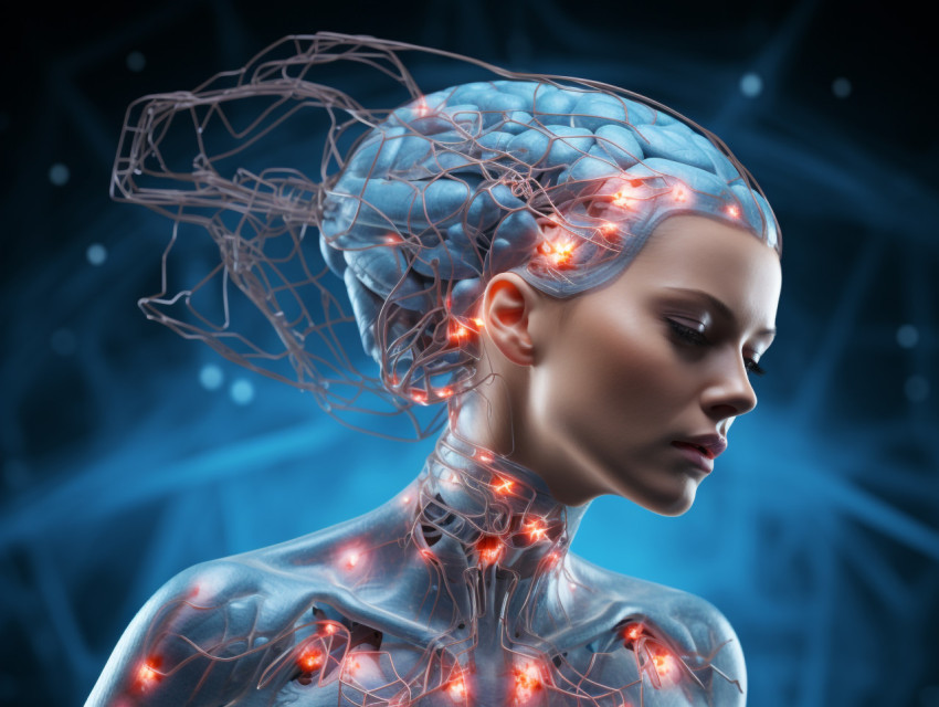 Photo female medical figure with brain disintegrating, Health and Medical stock image