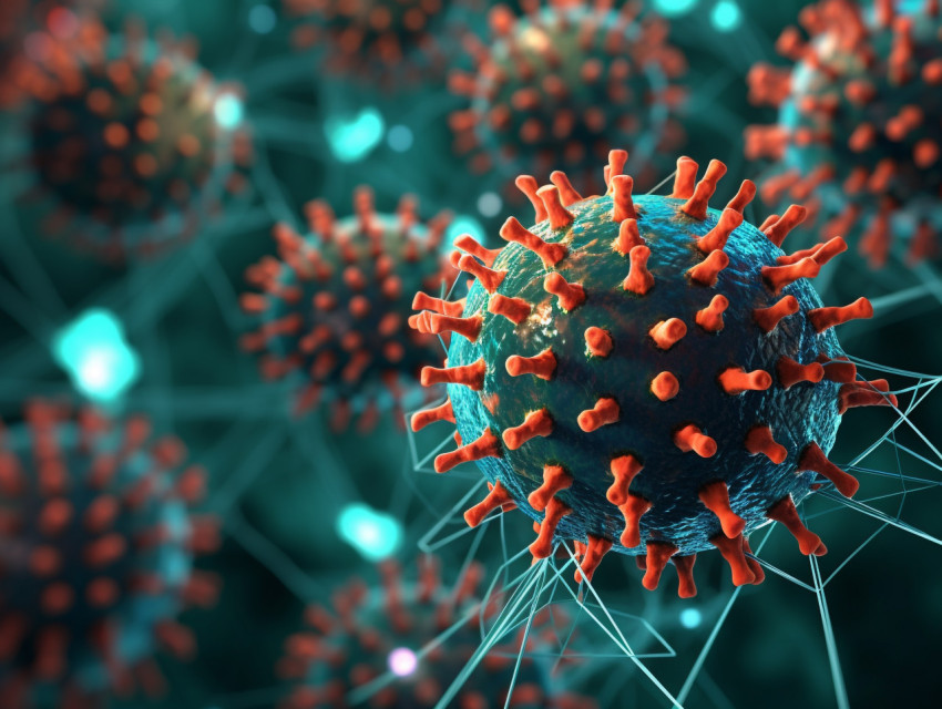 Photo 3d render of an abstract medical background with low poly virus cells on particle design, Health and Medical stock image