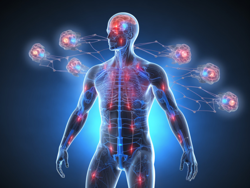 3d render of a medical background with male figure and brain highlighted, Health and Medical stock image