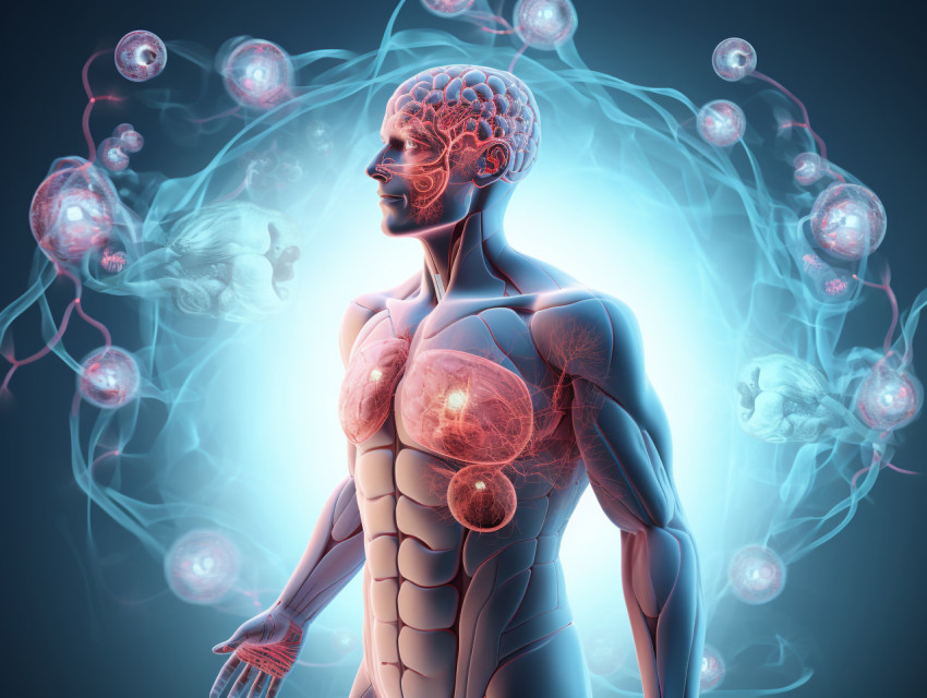 3d render of a medical background with male figure and brain highlighted, Health and Medical stock image