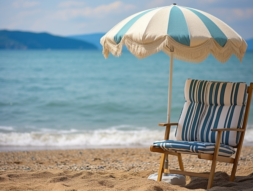 Umbrella and chair with pillow around beautiful landscape of beach and sea, Beaches stock images for travel websites