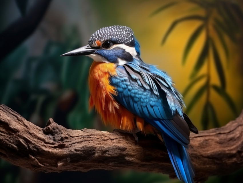 A photo of a colorful kingfisher bird sitting on a tree branch, royalty-free bird stock image