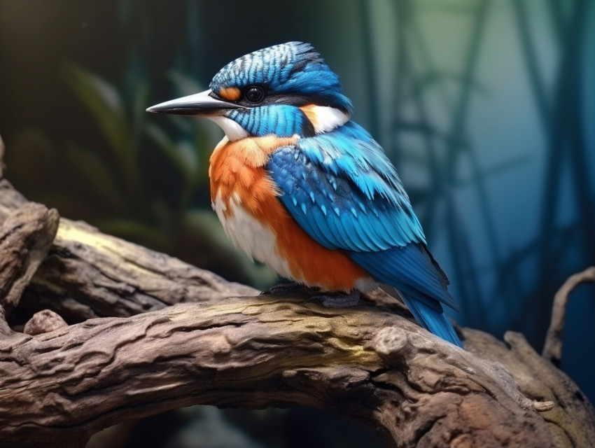 A photo of a colorful kingfisher bird sitting on a tree branch, royalty-free bird stock image