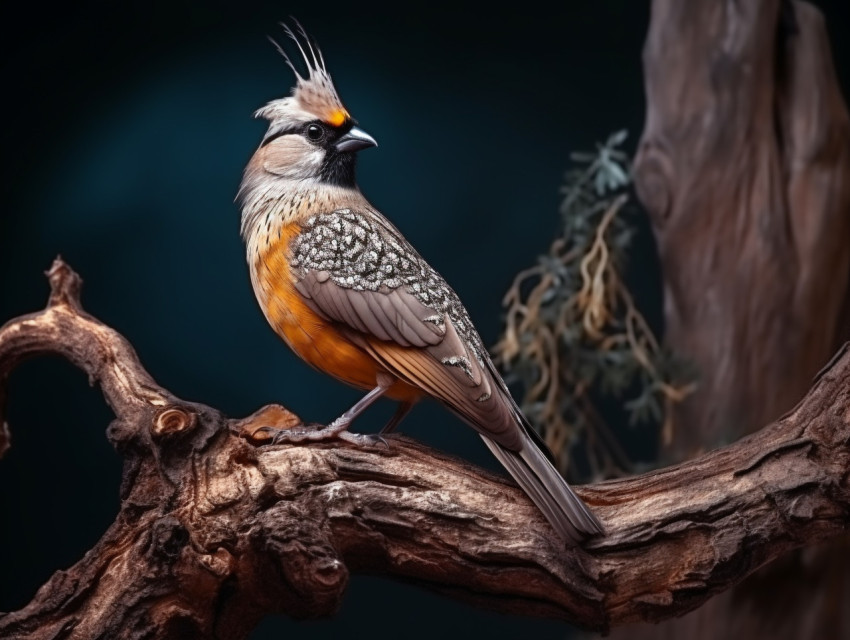 A photo of a bird with a golden crown sits on a branch tree branch in the forest, royalty-free bird stock image
