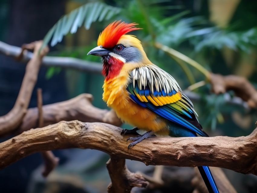 A photo of a colorful bird with a golden crown sitting on a tree branch in the outdoor jungle, royalty-free bird stock image