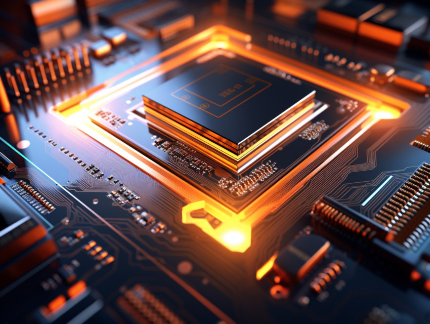 A photo of a glowing computer chip izes modern technology innovation, finance stock photo