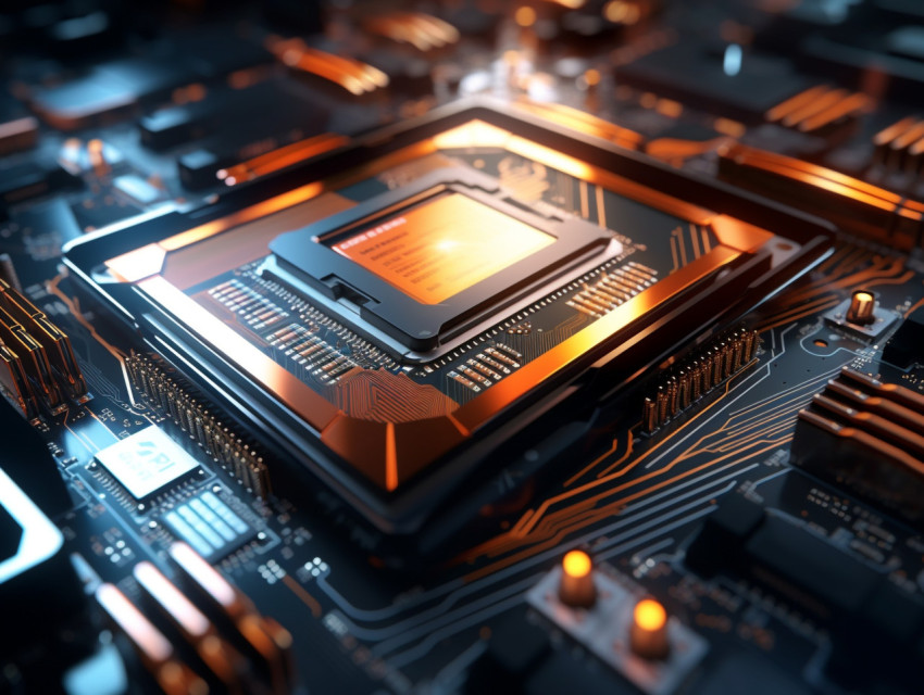 A photo of a glowing computer chip izes modern technology innovation, finance stock photo