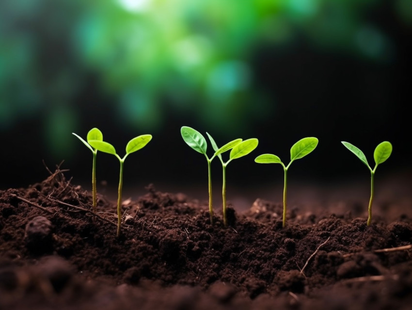 A photo of a green sprouts in dark soil against a blurred background symbolizing the concept of growth and potential, finance stock photo