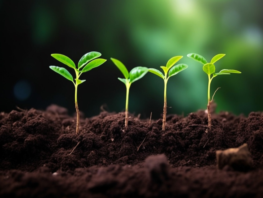 A photo of a green sprouts in dark soil against a blurred background symbolizing the concept of growth and potential, finance stock photo