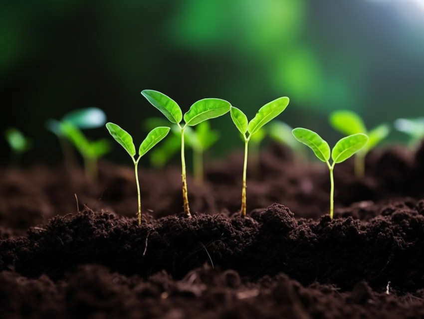 A photo of a green sprouts in dark soil against a blurred background symbolizing the concept of growth and potential, finance stock photo