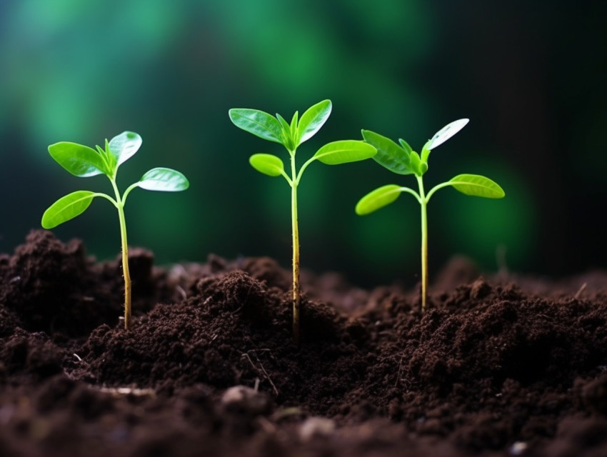 A photo of a green sprouts in dark soil against a blurred background symbolizing the concept of growth and potential, finance stock photo